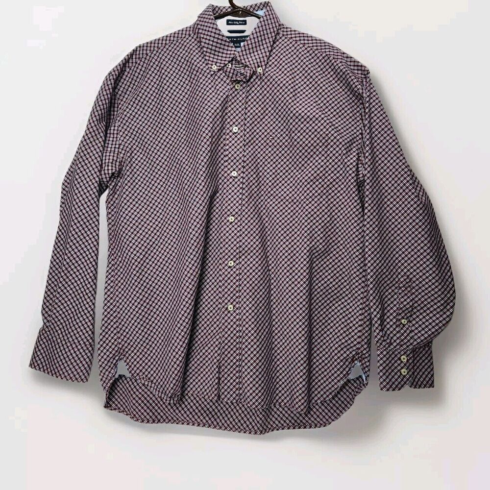 80’s 2 Ply Fabric Tommy Hilfiger Shirt Mens XL Blue Plaid Button Down Long